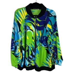 Natori Abstract Cinched Sleeves Full Zip Bomber Jacket 1X Blue Green
